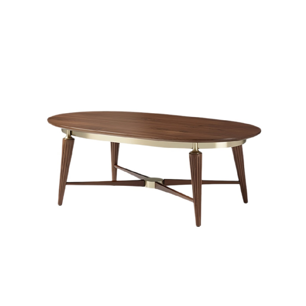 **Technische titel in het Nederlands: Luxe ovaal houten salontafel met gouden accenten**