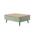 **Moderne salontafel met houten bovenblad en groene onderkast**