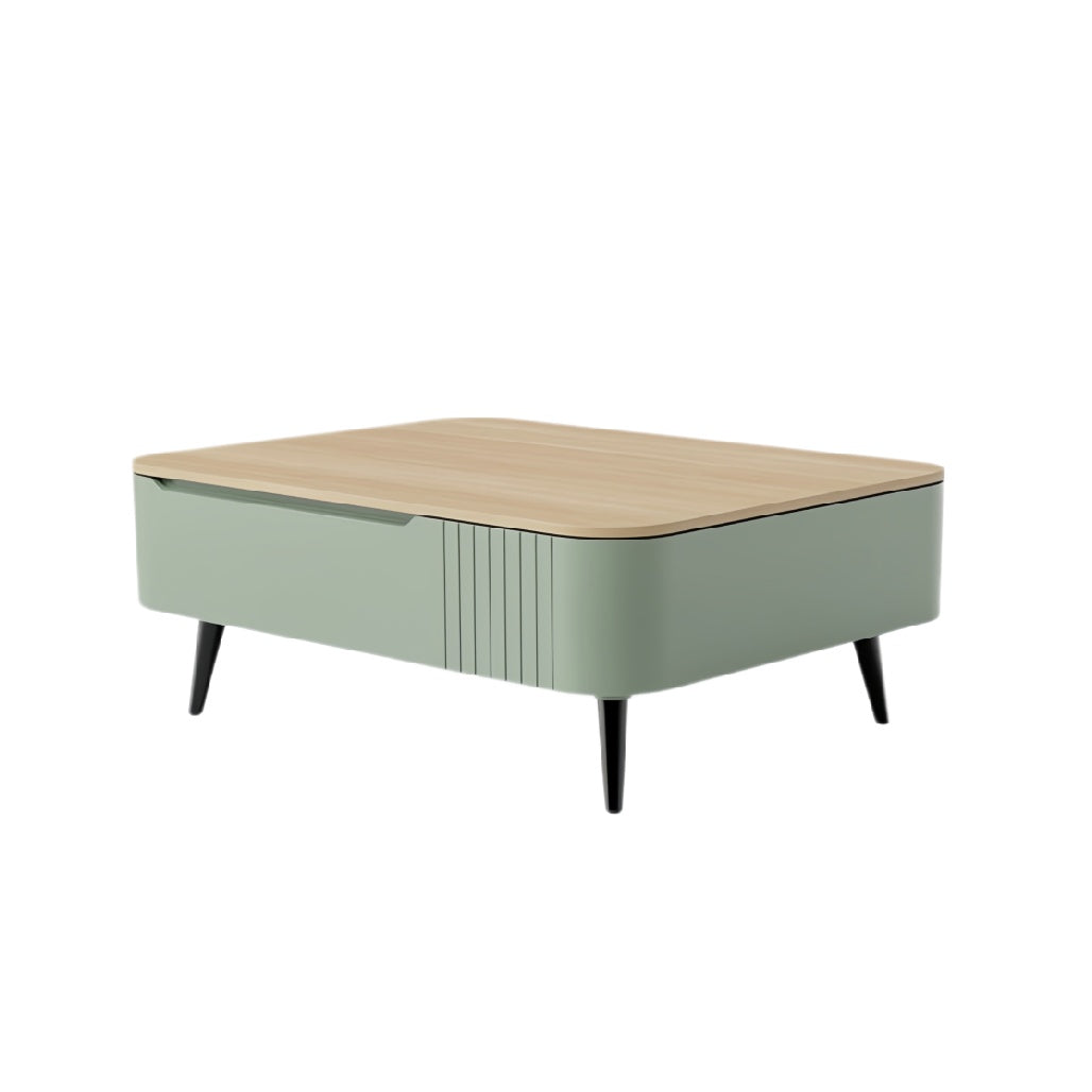 **Moderne salontafel met houten bovenblad en groene onderkast**