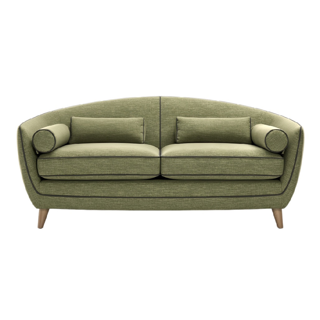 **Moderne groene bank met ronde armleuningen en houten poten**