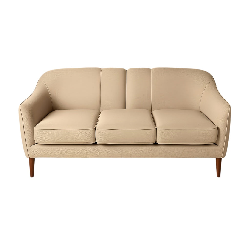 **Moderne beige bank met afgeronde hoeken en houten poten**