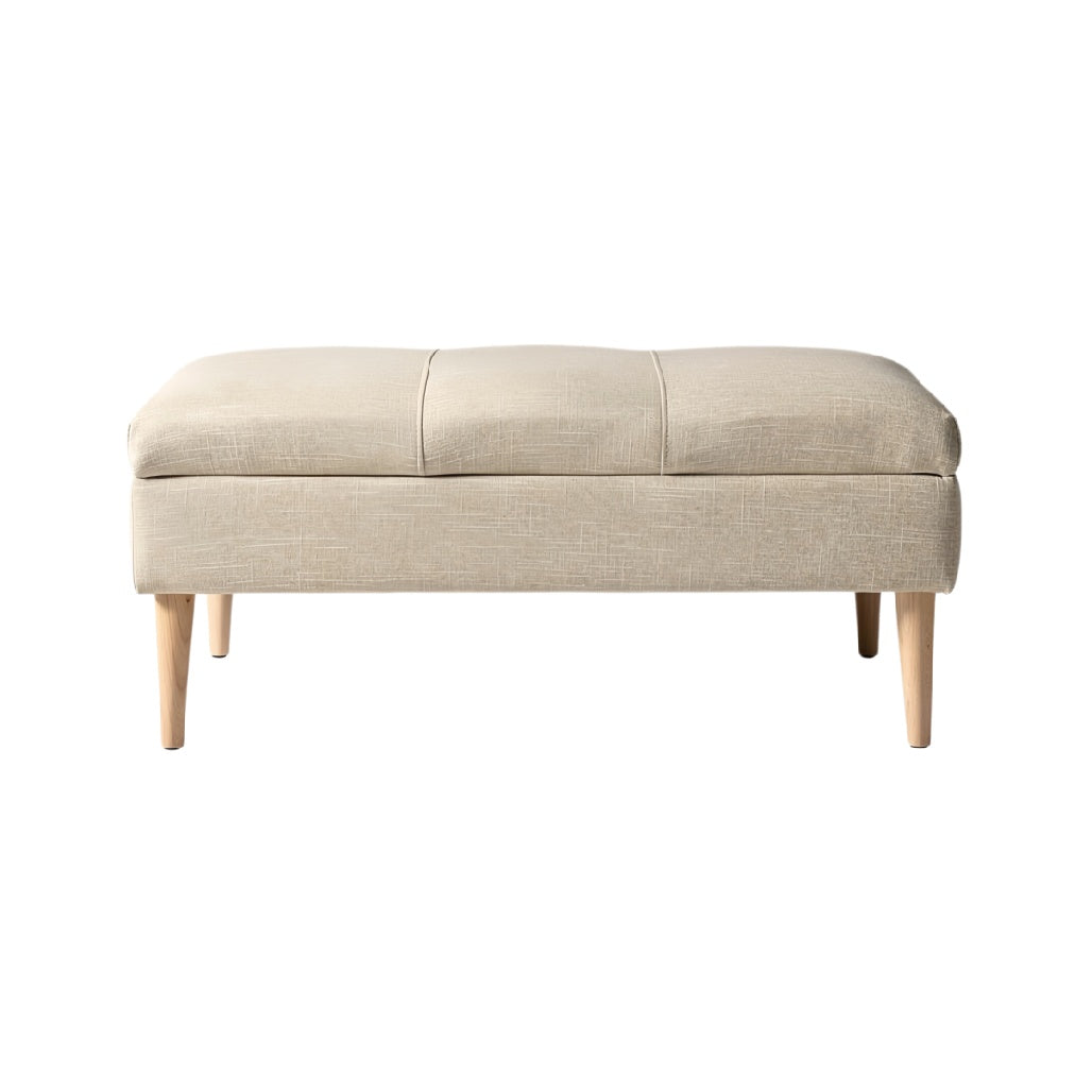 **Technische titel in het Nederlands:** "Beige Bankenpoef met Houten Poten en Gestikte Bekleding"